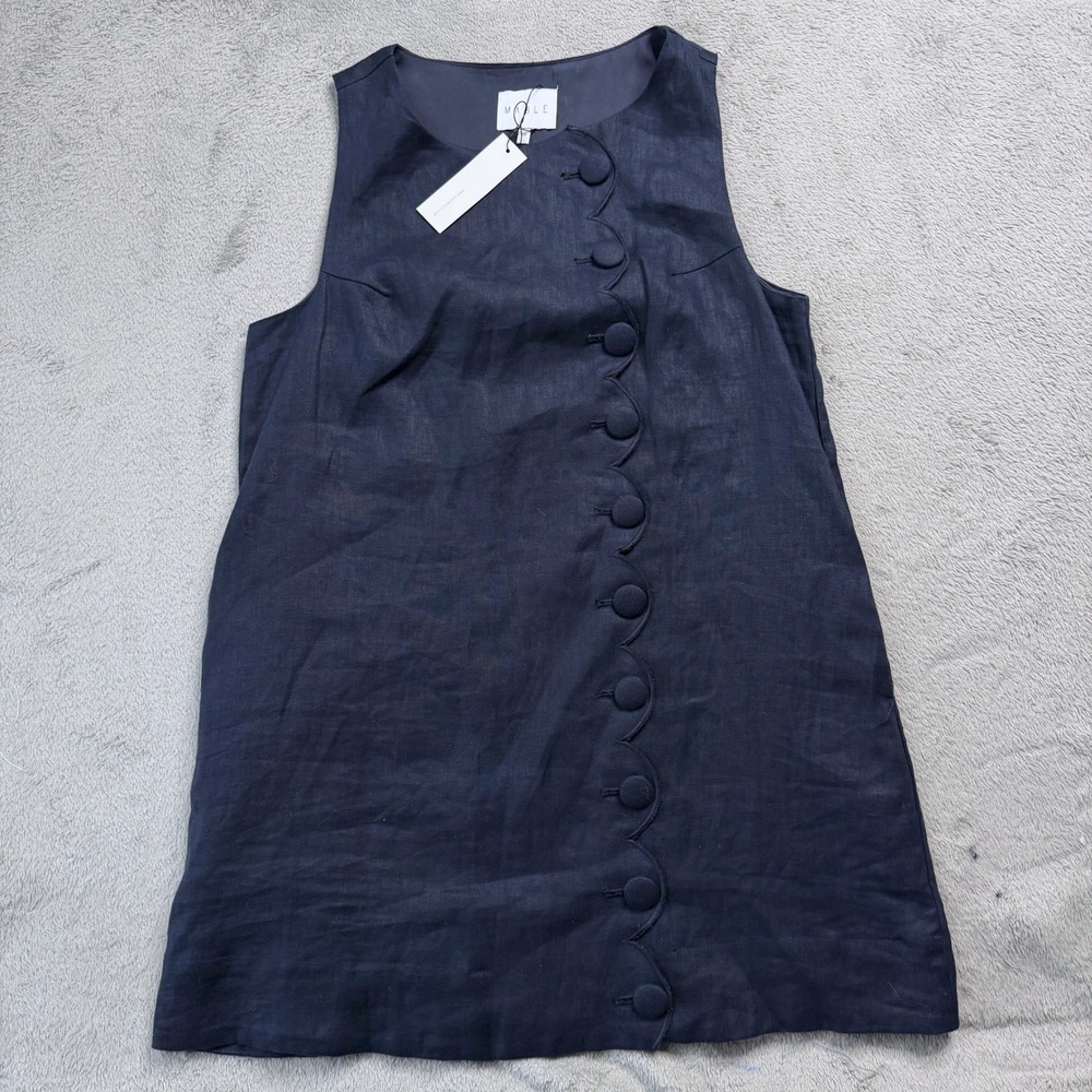 Mable Navy Scallop with Button Mini Dress Linen Sleeveless Navy Blue Medium NEW!